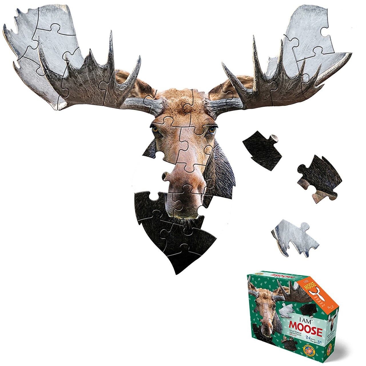 Madd Capp: I Am Moose - 24 Piece Puzzle -Kids Animal Head-Shaped Jigsaw, 20x15" Size, Oversized Pieces, Poster Reference, Educational Fun Fact Booklet